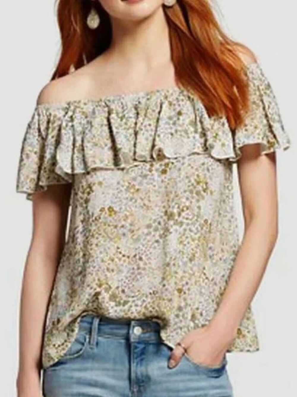 Mossimo Green Floral Ruffle Off The Shoulder Blouse Top Size XS Boho NWT NEW